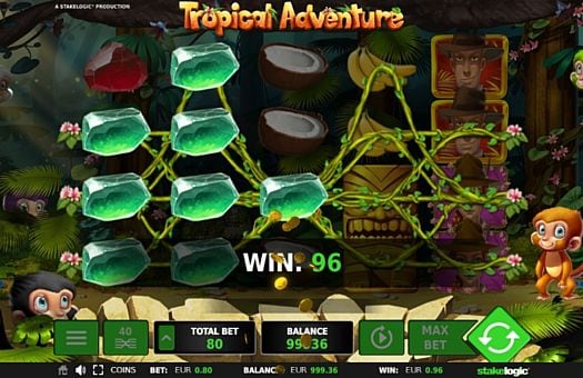 Игровой автомат Tropical Adventure - призовая комбинация на линии Призовая комбинация на линии в игровом автомате Tropical Adventure